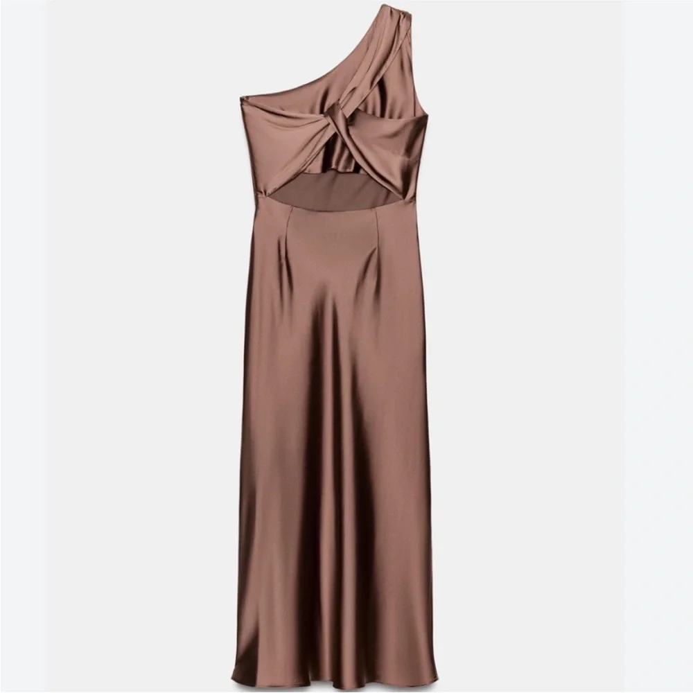 Zara One-Shoulder Satin Slip Summer Dress in Copper bronze color - Picture 6 of 10